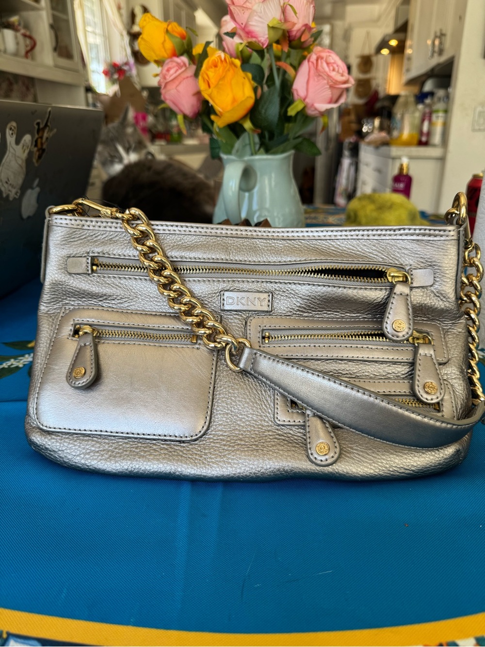DKNY Silver Metallic Leather Crossbody with Gold Chain